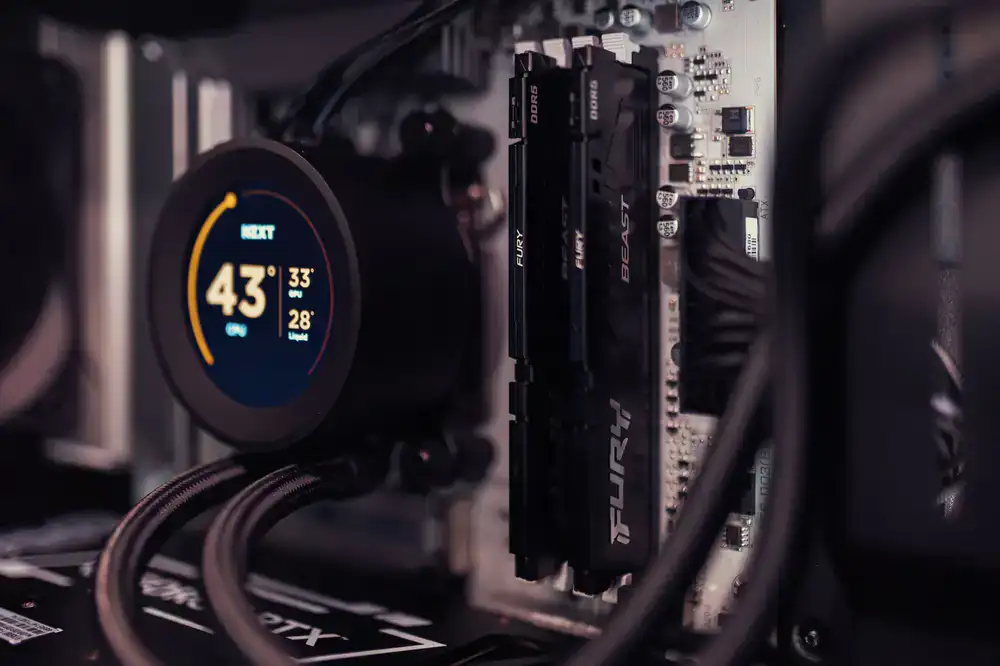 Close up of a liquid cooled graphics card inside a high-end PC case